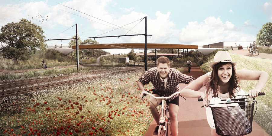 Toekomstbeeld van de nieuwe brug over de spoorweg gezien vanop het Jef van Lindenfietspad (F13). Toekomstbeeld van de nieuwe brug over de spoorweg gezien vanop het Jef van Lindenfietspad (F13).