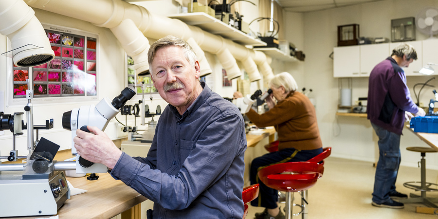 man onderzoekt mineraal onder een microscoop man onderzoekt mineraal onder een microscoop
