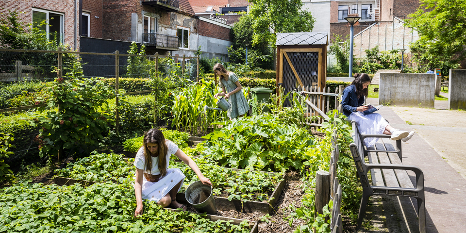 Tuiniers samen aan het werk in samentuin Lode Sebregts