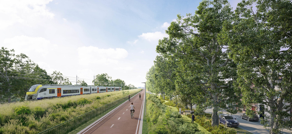 Toekomstig zicht op de fietsostrade tussen de spoorweg en de Saffierstraat
