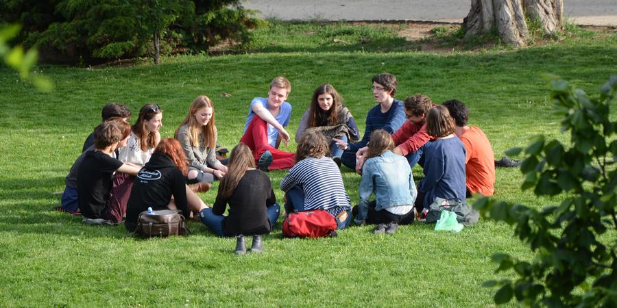 Een groep komt op het gras bijeen om te kletsen Een groep komt op het gras bijeen om te kletsen
