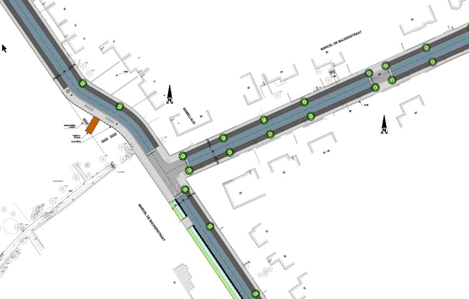 Detail van het nieuwe kruispunt tussen de Marcel De Backerstraat en Isabellalei