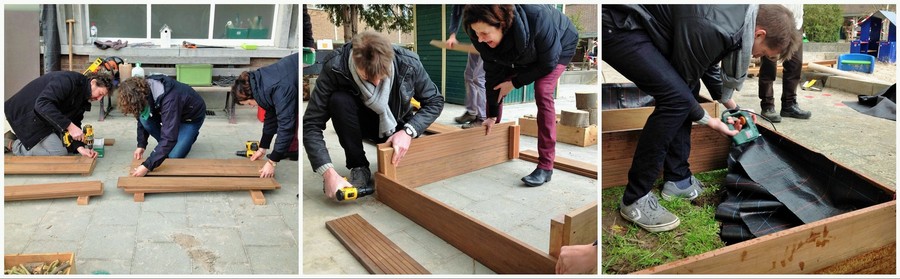 Bouw van een moestuinbak uit houten latten tijdens een workshop voor EcoScholen Bouw van een moestuinbak uit houten latten tijdens een workshop voor EcoScholen