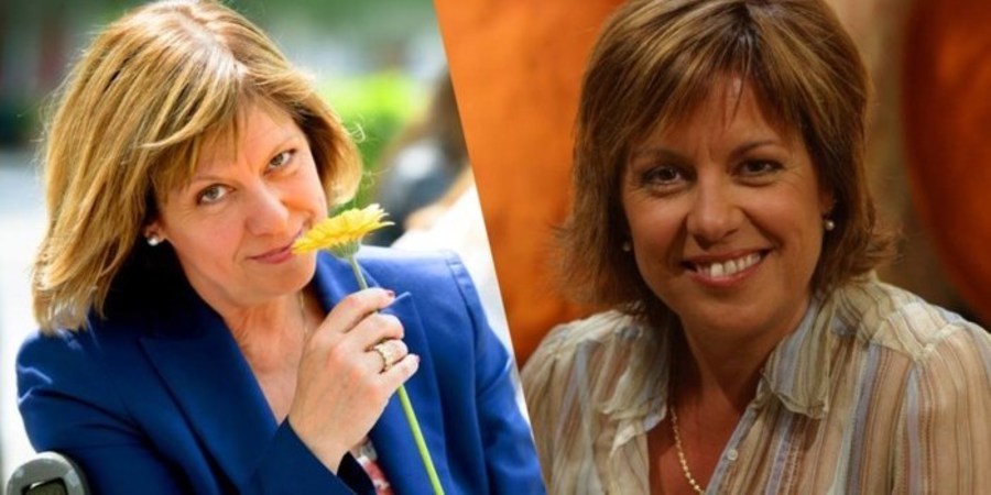 Twee portretfoto's van Gerty Christoffels. Links houdt ze een bloem vast en kijkt ze in de camera. Rechts lacht ze in de camera. Twee portretfoto's van Gerty Christoffels. Links houdt ze een bloem vast en kijkt ze in de camera. Rechts lacht ze in de camera.