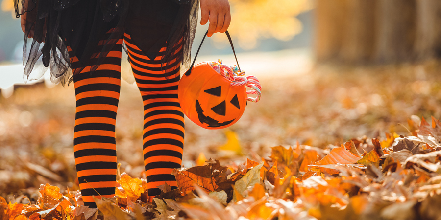 verkleed meisje wandelt in het bos met Halloween-mandje verkleed meisje wandelt in het bos met Halloween-mandje