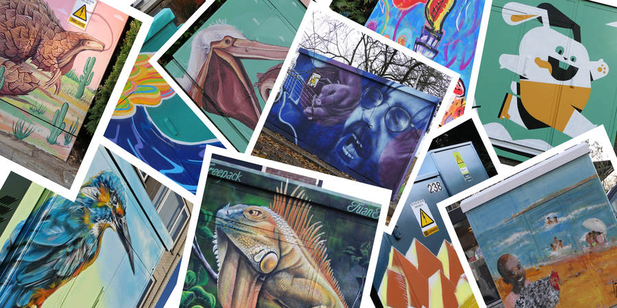Een collage van foto's van nutskasten die door Tour Ellentrik werden ingekleed Een collage van foto's van nutskasten die door Tour Ellentrik werden ingekleed