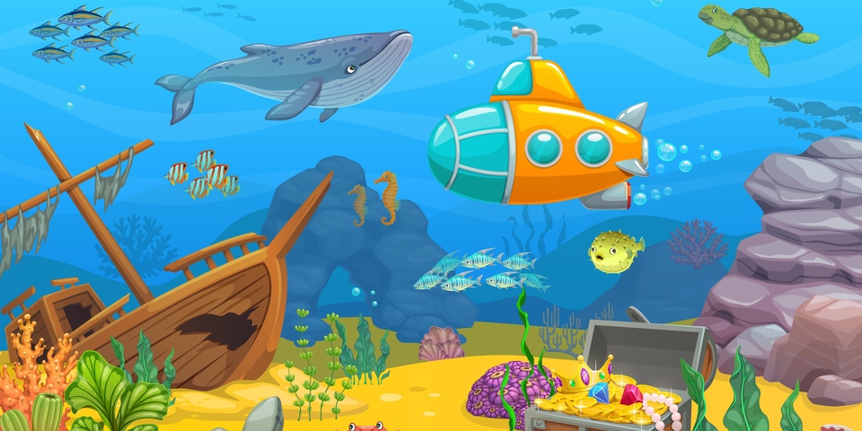 Illustratie van een onderwaterwereld met vissen, een gezonken schip en een schat