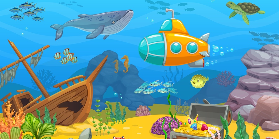 Illustratie van een onderwaterwereld met vissen, een gezonken schip en een schat Illustratie van een onderwaterwereld met vissen, een gezonken schip en een schat