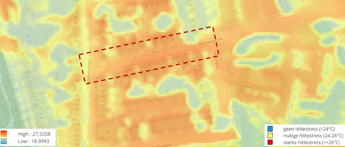 Beeld van de hittekaart waarop te zien is dat de straat enorm opwarmt tijdens warme dagen.