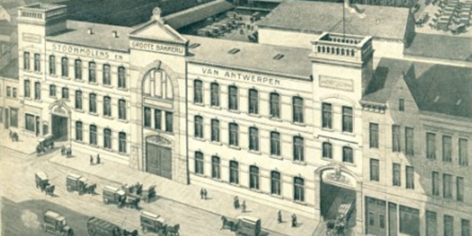 Tekening van de 'Stoommolens en Groote Bakkerij van Antwerpen' , Brugstraat 8, 1911.