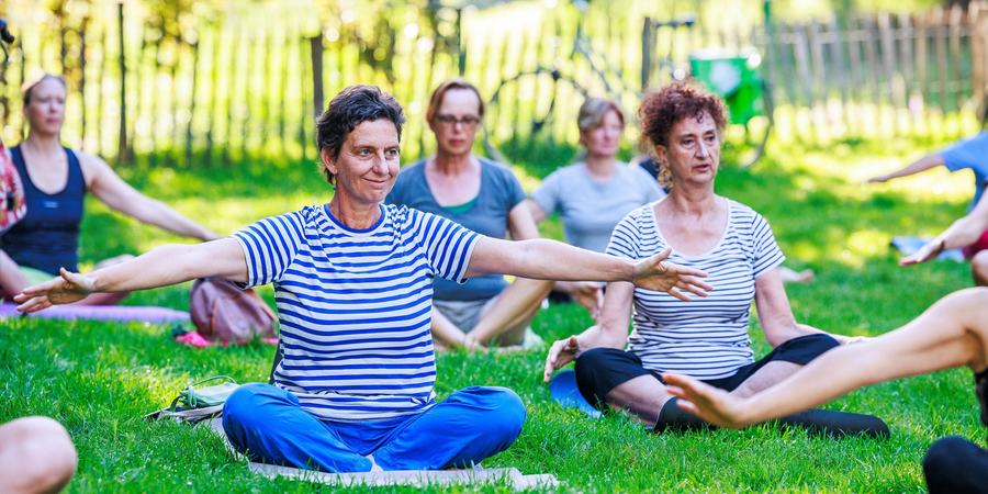 Enkele mensen nemen deel aan een yogasessie in openlucht.