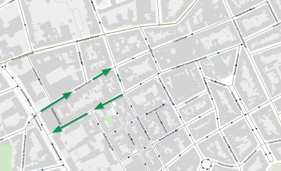 De groene pijlen tonen de nieuwe rijrichting in de Belpairestraat en Ferdinand Coosemansstraat De groene pijlen tonen de nieuwe rijrichting in de Belpairestraat en Ferdinand Coosemansstraat