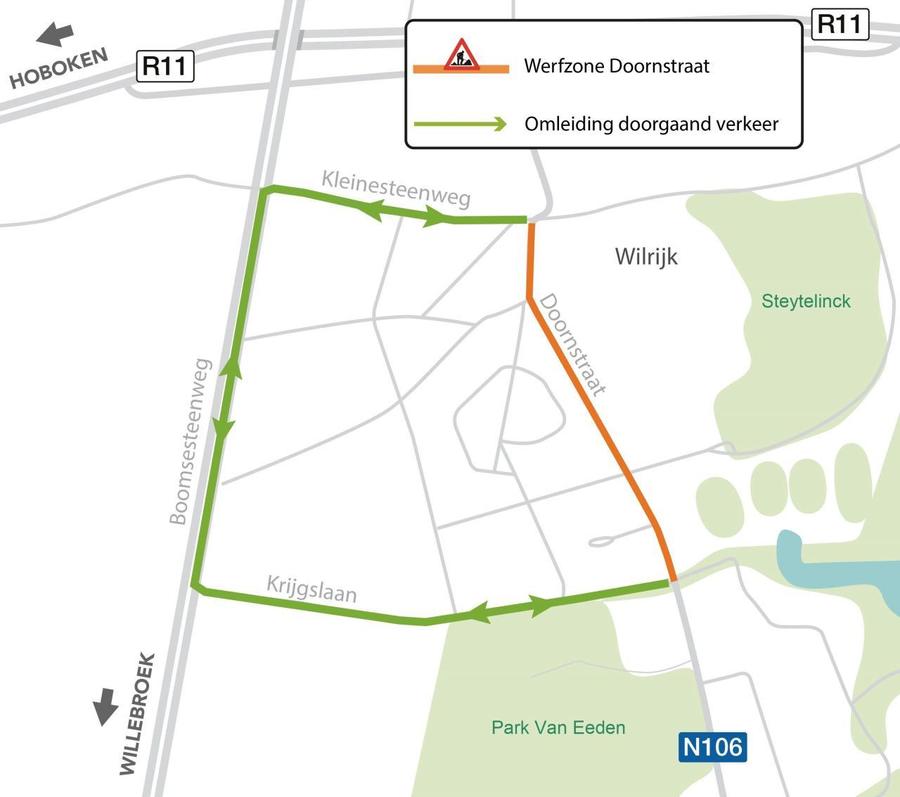 Plan met daarop de omleiding tijdens de werken. Plan met daarop de omleiding tijdens de werken.