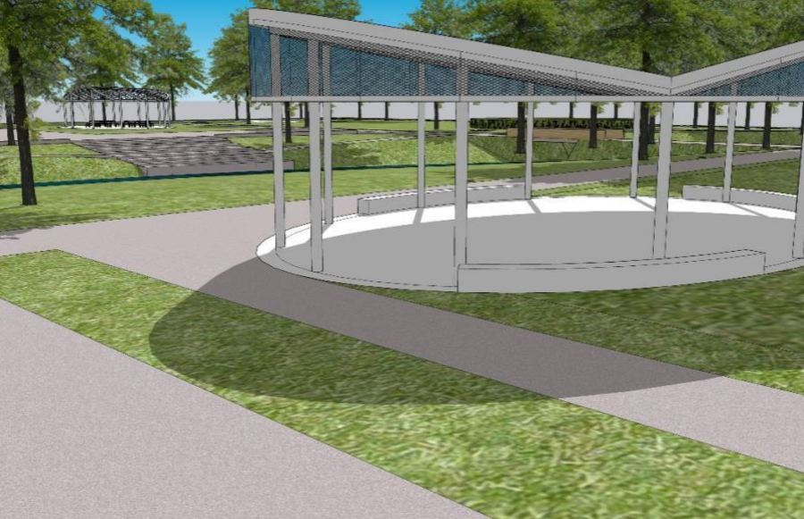 Zicht op stedelijke luifel over het middenplein richting de meer open luifel op de achtergrond.