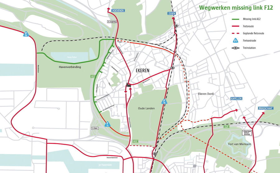 Plan van de verschillende fietsverbindingen in Ekeren zowel gepland als reeds uitgevoerd.