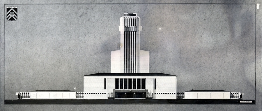 Concepttekeningen van het nieuwe gemeentehuis door  architect Van Steenbergen