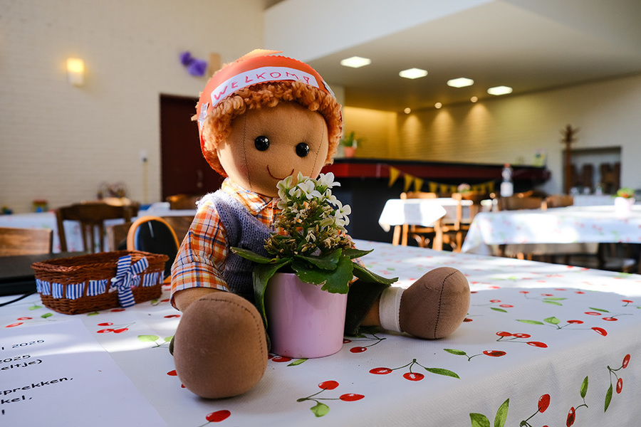 Popje op een tafel bij een plantje.