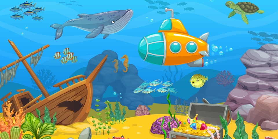 Illustratie van een onderwaterwereld met vissen, een gezonken schip en een schat