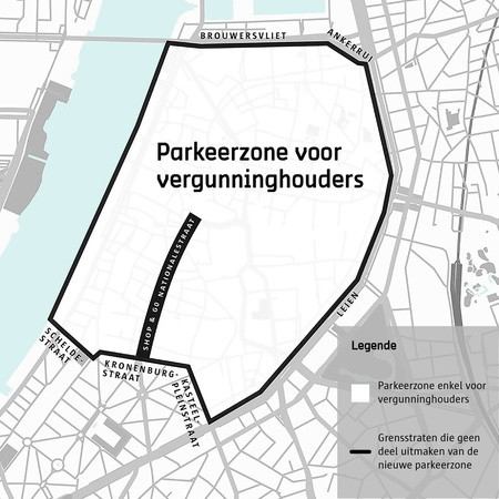 Plattegrond van centrum Antwerpen met de zone voor bewoners en vergunninghouders aangeduid