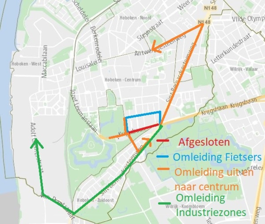 Schematische voorstelling van de omleidingen voor de werken aan de Krijgsbaan Schematische voorstelling van de omleidingen voor de werken aan de Krijgsbaan