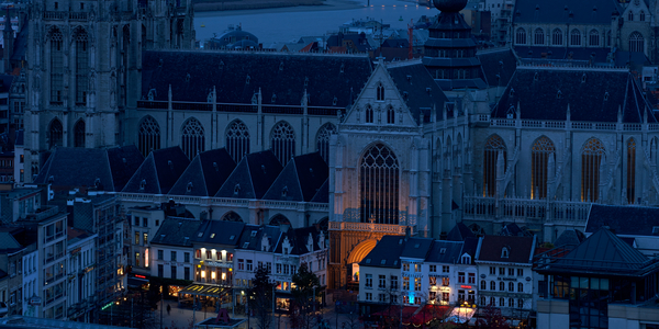 Een nachtzicht op de Onze-Lieve-Vrouwekathedraal en de Schelde.