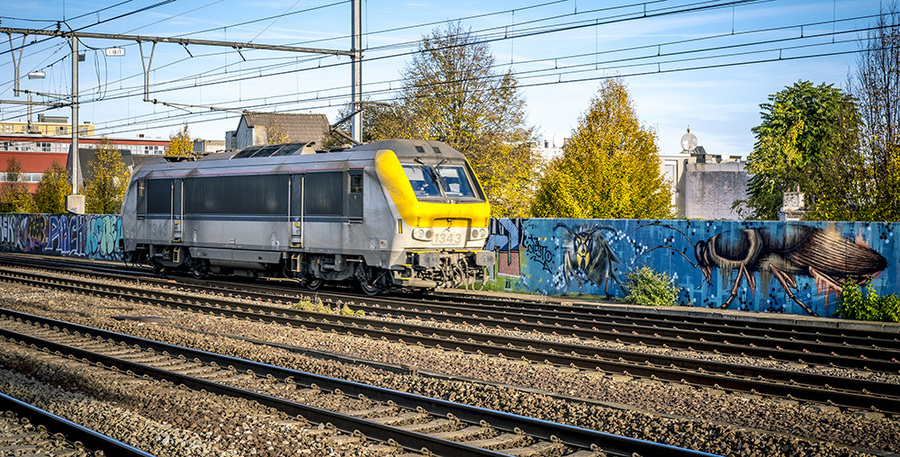 Trein rijdt het station binnen langs graffitiwerken Trein rijdt het station binnen langs graffitiwerken