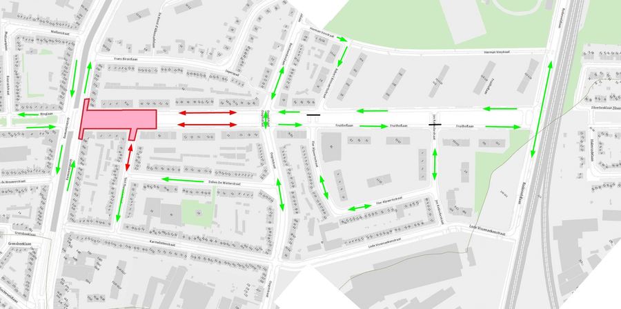 De rode pijlen duiden aan waar plaatselijk verkeer tijdelijk in twee richtingen mag rijden. Let ook steeds op de verkeerssignalisatie in de straat. De rode pijlen duiden aan waar plaatselijk verkeer tijdelijk in twee richtingen mag rijden. Let ook steeds op de verkeerssignalisatie in de straat.