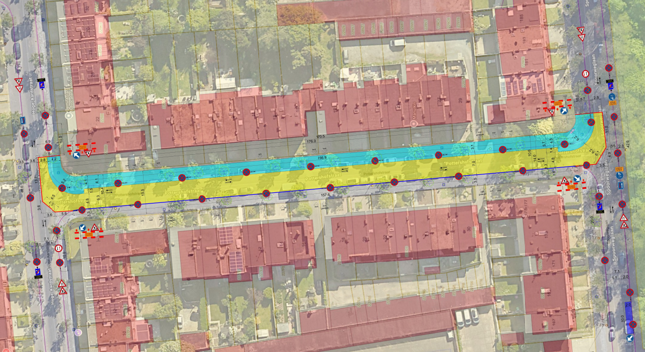 Signalisatieplan werken fase 1 (werfzone aangeduid in het blauw en geel)