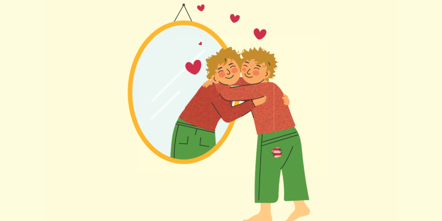 Een illustratie van een jongen die blij is met zichzelf. Tevreden zijn over jezelf helpt om gezonder te leven. En het helpt tegen overgewicht en obesitas. Een illustratie van een jongen die blij is met zichzelf. Tevreden zijn over jezelf helpt om gezonder te leven. En het helpt tegen overgewicht en obesitas.
