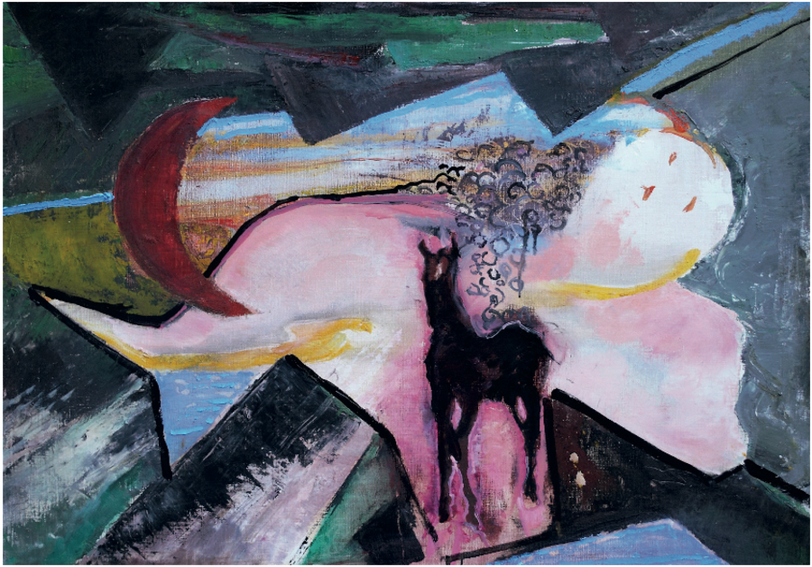 Een kunstwerk van Jan Decleir, waarop onder meer een hoefdier en een maanvormig object te zien is. Een kunstwerk van Jan Decleir, waarop onder meer een hoefdier en een maanvormig object te zien is.