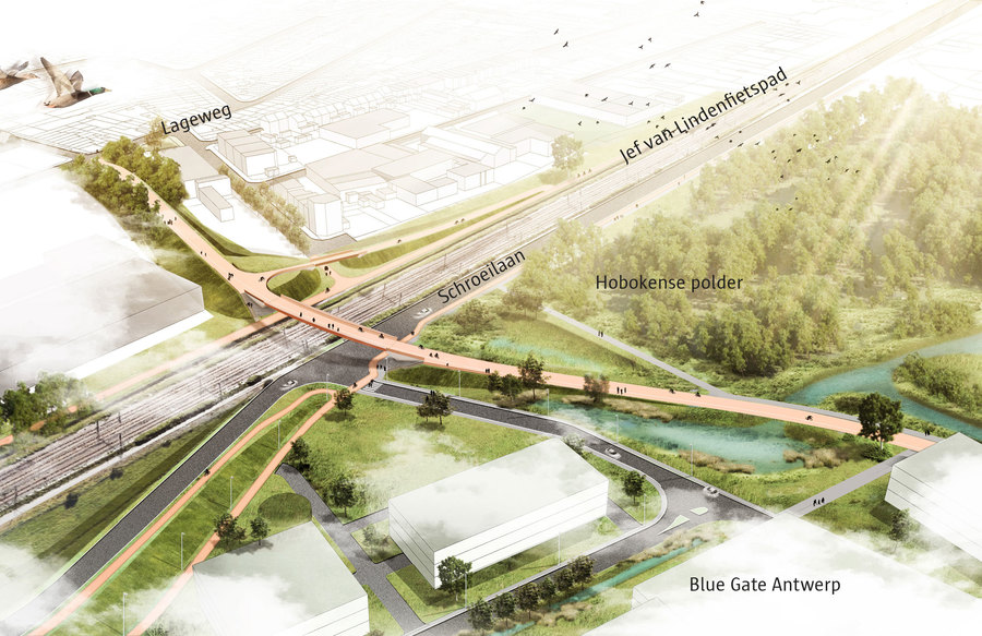 Toekomstbeeld van de nieuwe fiets- en voetgangersbrug met onderaan de aansluiting op Blue Gate en bovenaan de aansluiting naar de Lageweg en het Jef Van Lindenfietspad (F13). Toekomstbeeld van de nieuwe fiets- en voetgangersbrug met onderaan de aansluiting op Blue Gate en bovenaan de aansluiting naar de Lageweg en het Jef Van Lindenfietspad (F13).