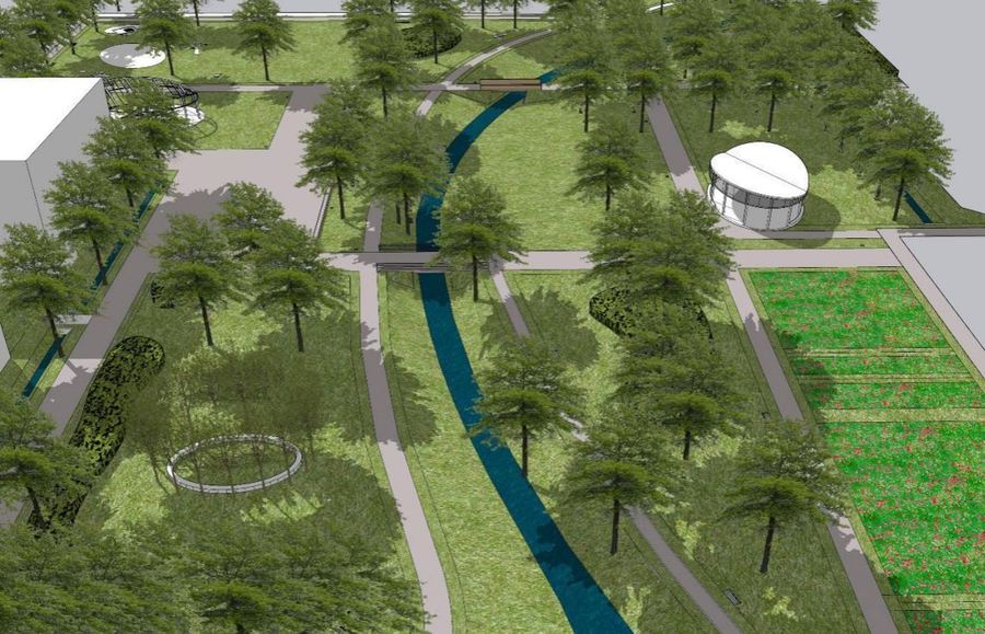 Vogelvlucht over het nieuwe centrale plein en algemene inrichting van het park.