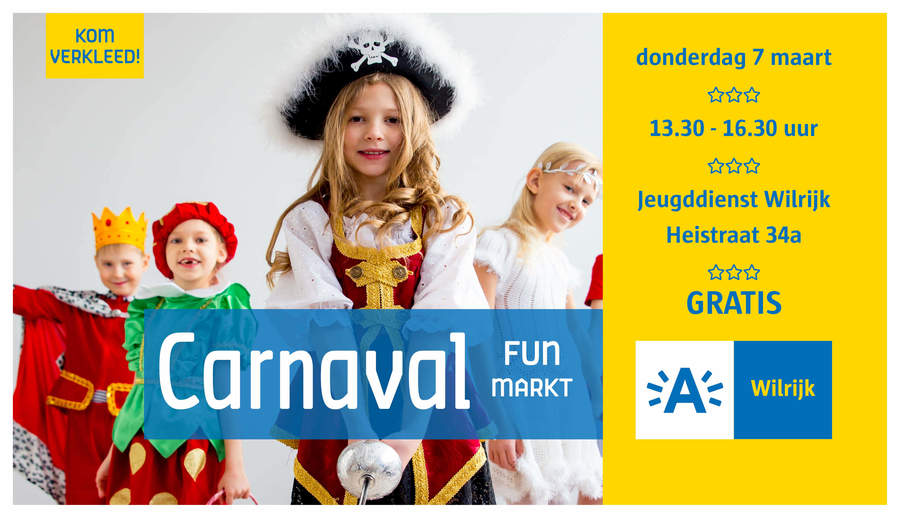 Reclamebeeld voor de Carnaval Fun Markt op donderdag 7 maart bij Jeugddienst Wilrijk in de Heistraat 34a Reclamebeeld voor de Carnaval Fun Markt op donderdag 7 maart bij Jeugddienst Wilrijk in de Heistraat 34a