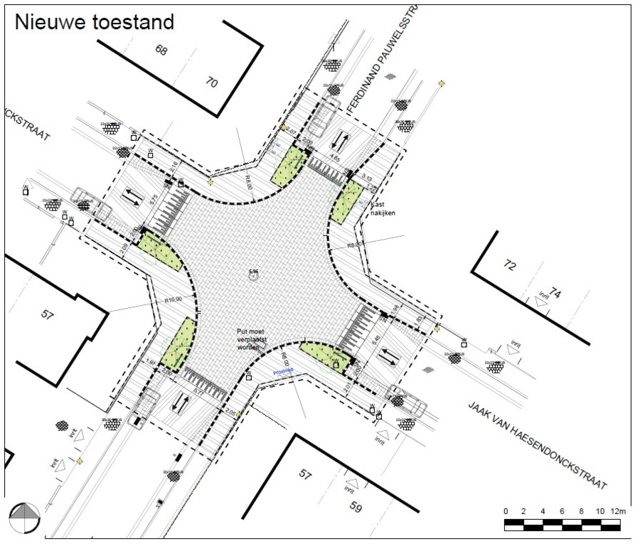 Het plan van de nieuwe inrichting van het kruispunt J. Van Haesendonckstraat en F. Pauwelsstraat Het plan van de nieuwe inrichting van het kruispunt J. Van Haesendonckstraat en F. Pauwelsstraat