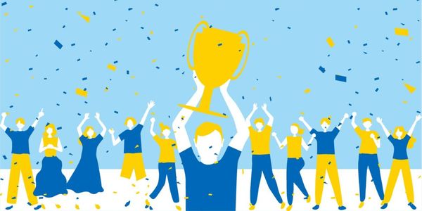 illustratie van persoon die trofee vasthoudt en omstaanders die juichen