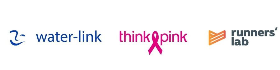 logo's van water-link, Think Pink en Runner's Lab logo's van water-link, Think Pink en Runner's Lab