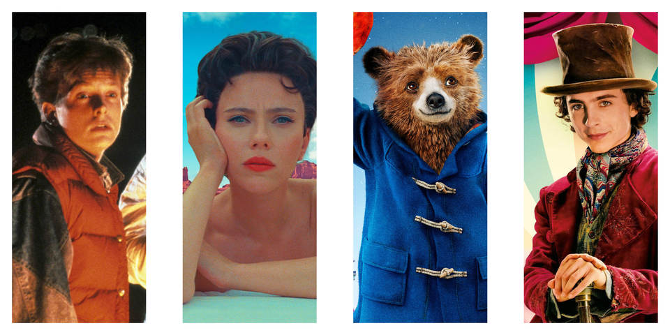 Een collage van beelden uit de films Back to the Future, Asteroid City, Paddington 2 en Wonka.