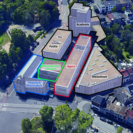 Luchtbeeld van het Wilrijkse gemeenschapscentrum met de verschillende deelgebouwen: historisch districtshuis, agora, administratief centrum, academie, politie en bibliotheek. Luchtbeeld van het Wilrijkse gemeenschapscentrum met de verschillende deelgebouwen: historisch districtshuis, agora, administratief centrum, academie, politie en bibliotheek.