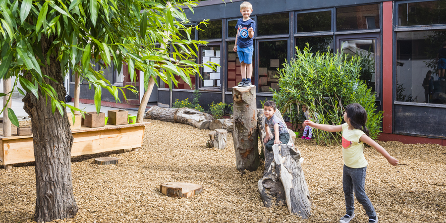 Natuurspeelplaats van Leefschool Toverbol met houtsnippers als ondergrond