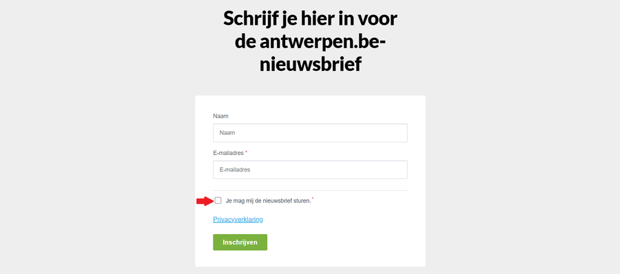Screenshot van registratiepagina voor de nieuwsbrief met rode pijl die wijst naar het toestemmingsvakje Screenshot van registratiepagina voor de nieuwsbrief met rode pijl die wijst naar het toestemmingsvakje