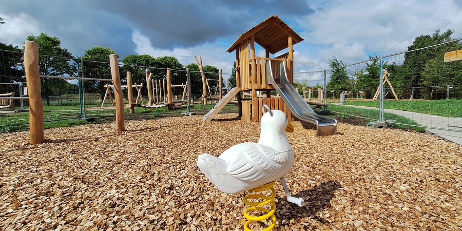 Glijbaan en wipspeeltuig in de vorm van een gans