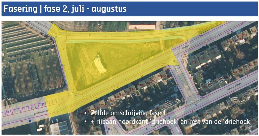 Weergave fase 2 van de werken: rijbaan Driehoekstraat en Schriek naast kerkhof + rijbaan noordkant 'driehoek'