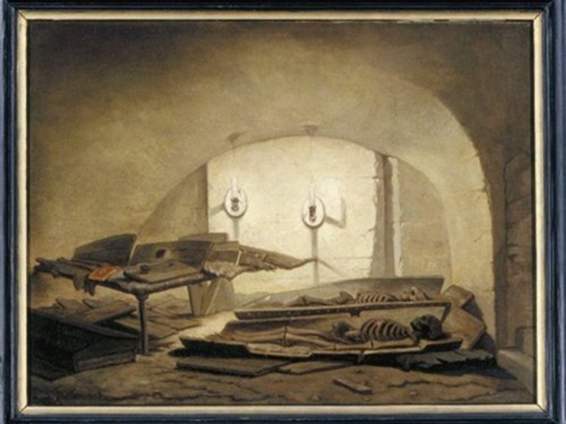 Sint-Jacobskerk: de grafkelder van P.P. Rubens en zijn familie in de Sint-Jacobskerk, zoals hij bij het openmaken in 1855 werd aangetroffen. Een werk van Hendrik Frans Schaefels.