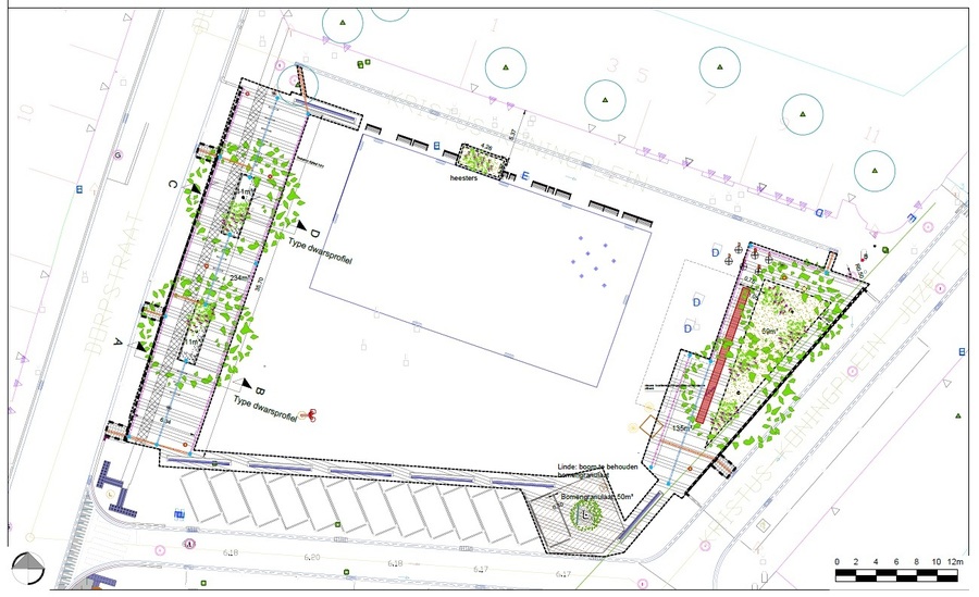 Op dit plan is ook de ondergrondse zone te zien die we voorzien voor de wortels van de bomen zodat de bomen goed kunnen groeien zonder schade te veroorzaken.