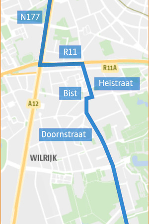 Een grafische weergave van het WK-parcours dat loopt langs de N177, de R11, de Heistraat, de Bist en de Doornstraat. Een grafische weergave van het WK-parcours dat loopt langs de N177, de R11, de Heistraat, de Bist en de Doornstraat.