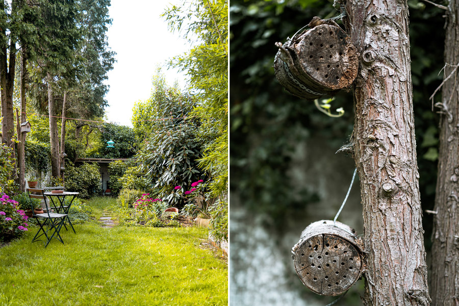 Links zien we Pauls tuin met paadje naar achteren. Rechts zien we een detail van bijenhotels gemaakt in een balkje hout. Links zien we Pauls tuin met paadje naar achteren. Rechts zien we een detail van bijenhotels gemaakt in een balkje hout.