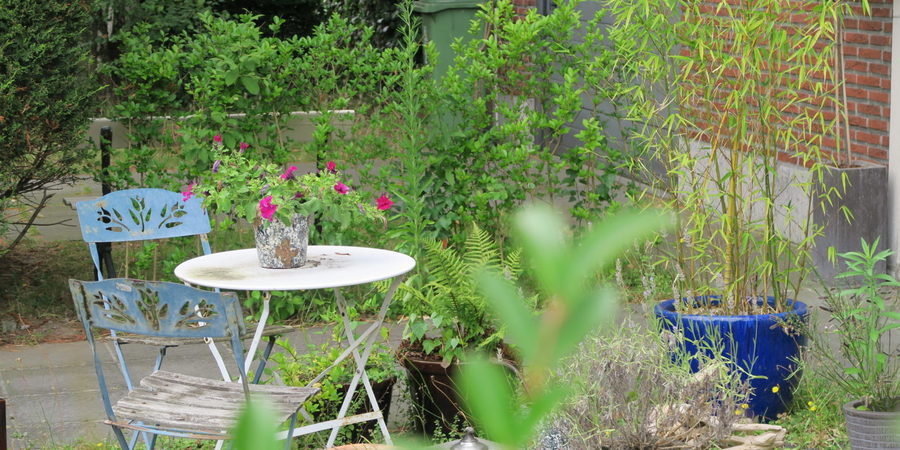 Knusse voortuin met tafeltje en stoelen om er volop van te genieten. Knusse voortuin met tafeltje en stoelen om er volop van te genieten.