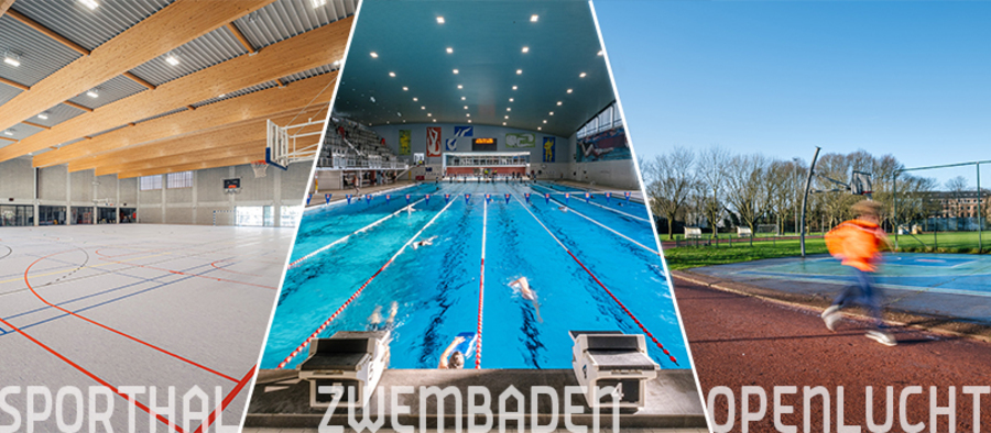 Collage met beelden van een stedelijke sporthal, stedelijk zwembad en een openluchtsportveld Collage met beelden van een stedelijke sporthal, stedelijk zwembad en een openluchtsportveld