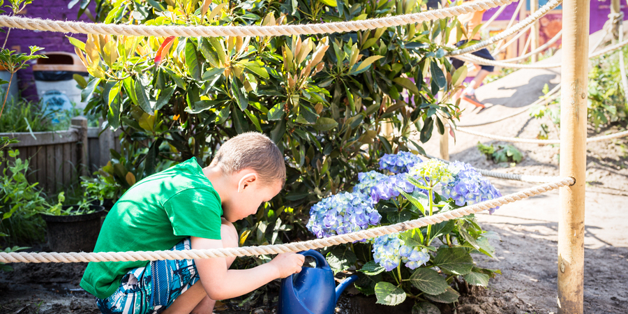 Jongen geeft plantjes water achter afbakening van de plantzone met palen en touw Jongen geeft plantjes water achter afbakening van de plantzone met palen en touw